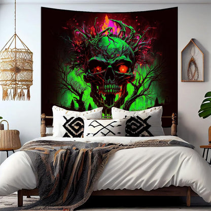 SparkLia Blacklight Fire Skull Tapestry, UV Reactive Burning Skeleton Horror Wall Hanging, Glow in the Dark Scary Dark Forest Surreal Artwork Wall Tapestries Room Decor for Bedroom, Living Room - 29.5" x 39.4"