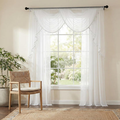 NICETOWN Swag Valance for Living Room Farmhouse Waterfall Valance Kitchen Sheer Curtains Country Beaded Curtains for Nursery Baby Bedroom, 1 Panel, White, W59