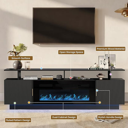 70” Fluted TV Stand with 36” Electric Fireplace, 2 Tier TV Console Cabinet with - Image 8