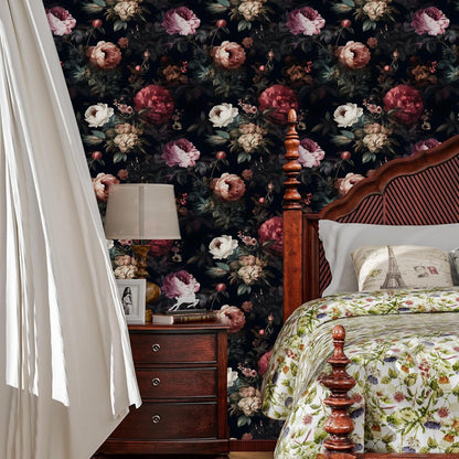 Black Vintage Floral Peel and Stick Wallpaper 17.5" x 118" | Waterproof Vinyl Self Adhesive Removable Renter Friendly Floral Contact Paper