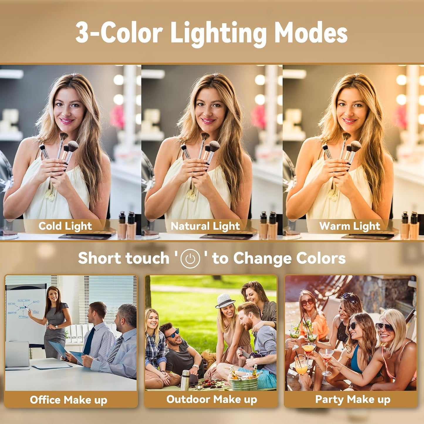 Hasipu Vanity Mirror with Lights 47" x 35", Makeup Mirror with Lights and Magnification, Hollywood Mirror with 3 Color Modes, LED Make up Mirror, Light up Mirror with USB & Type-C Charging