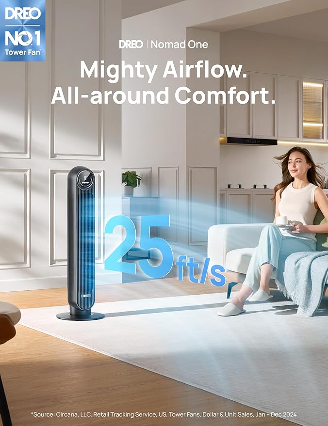 Dreo Tower Fan for Bedroom, 25ft/s Velocity Quiet Floor Fan, 90° Oscillating - Image 2