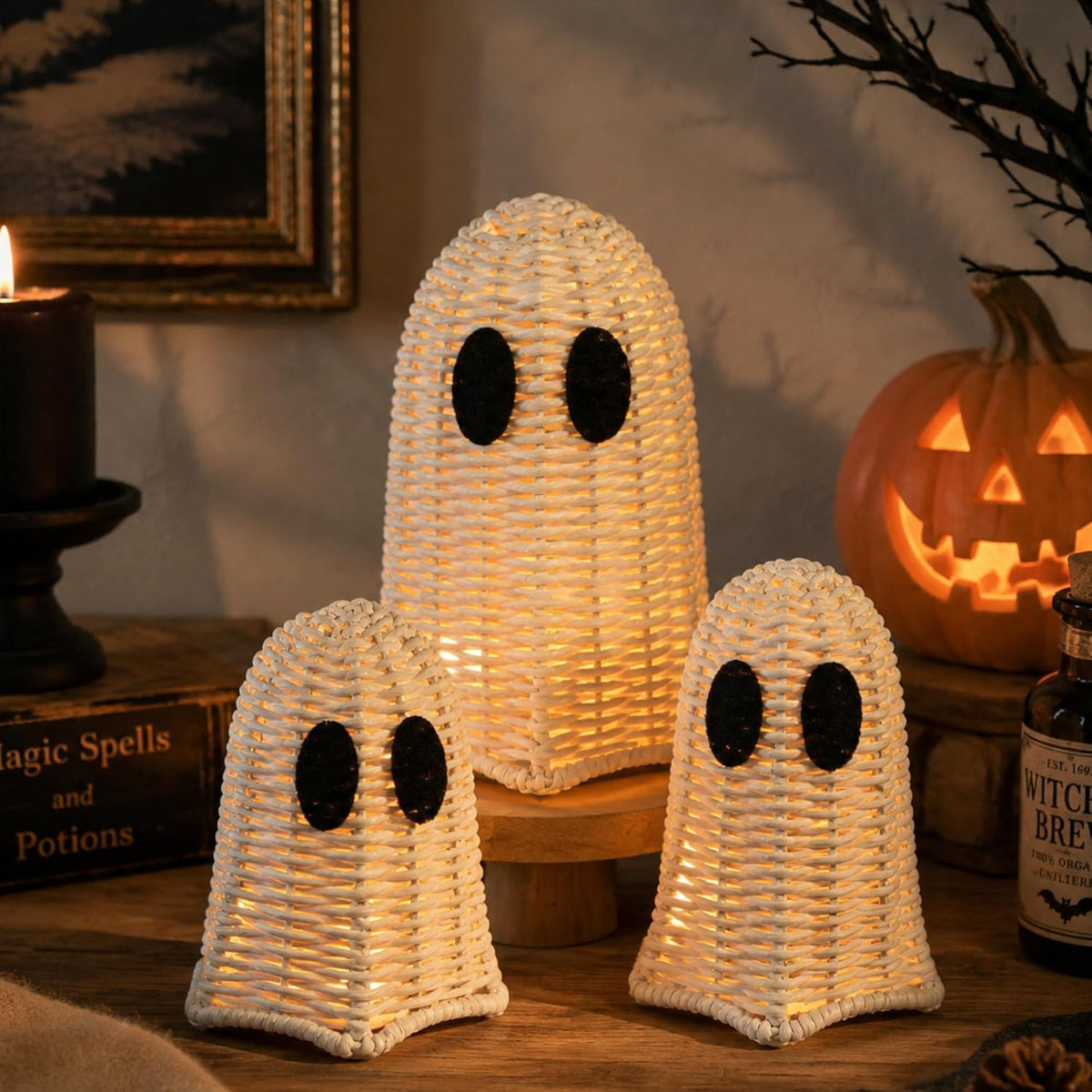 Geelin White 3 Pcs Halloween Rattan Wicker Ghosts Decoration Cute Farmhouse G...