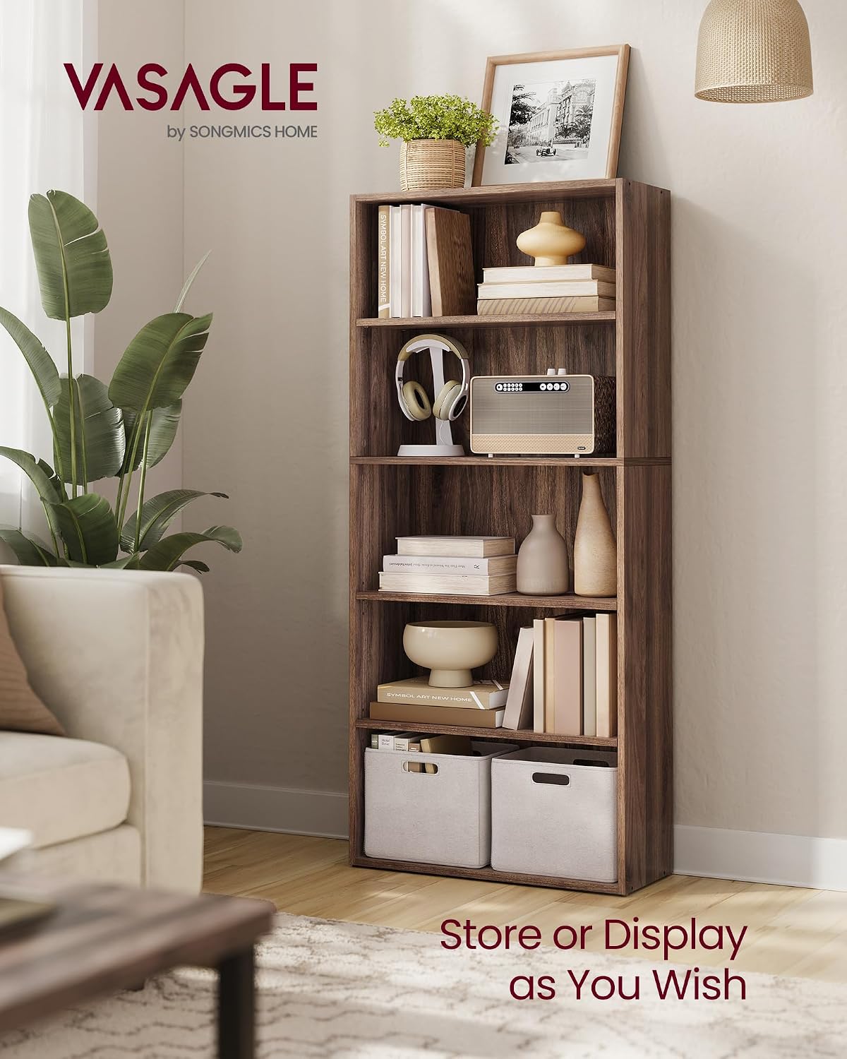 VASAGLE 5-Tier Bookshelf, Storage Organizer, 23.6 x 9.4 x 52.8 Inches