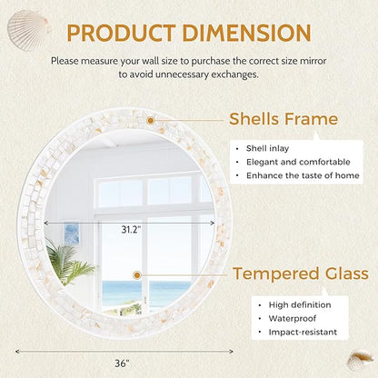 Tanmicoshomy 36 Inch Large Round Mirror, Natural Shell Inlay Framed Large - Image 3