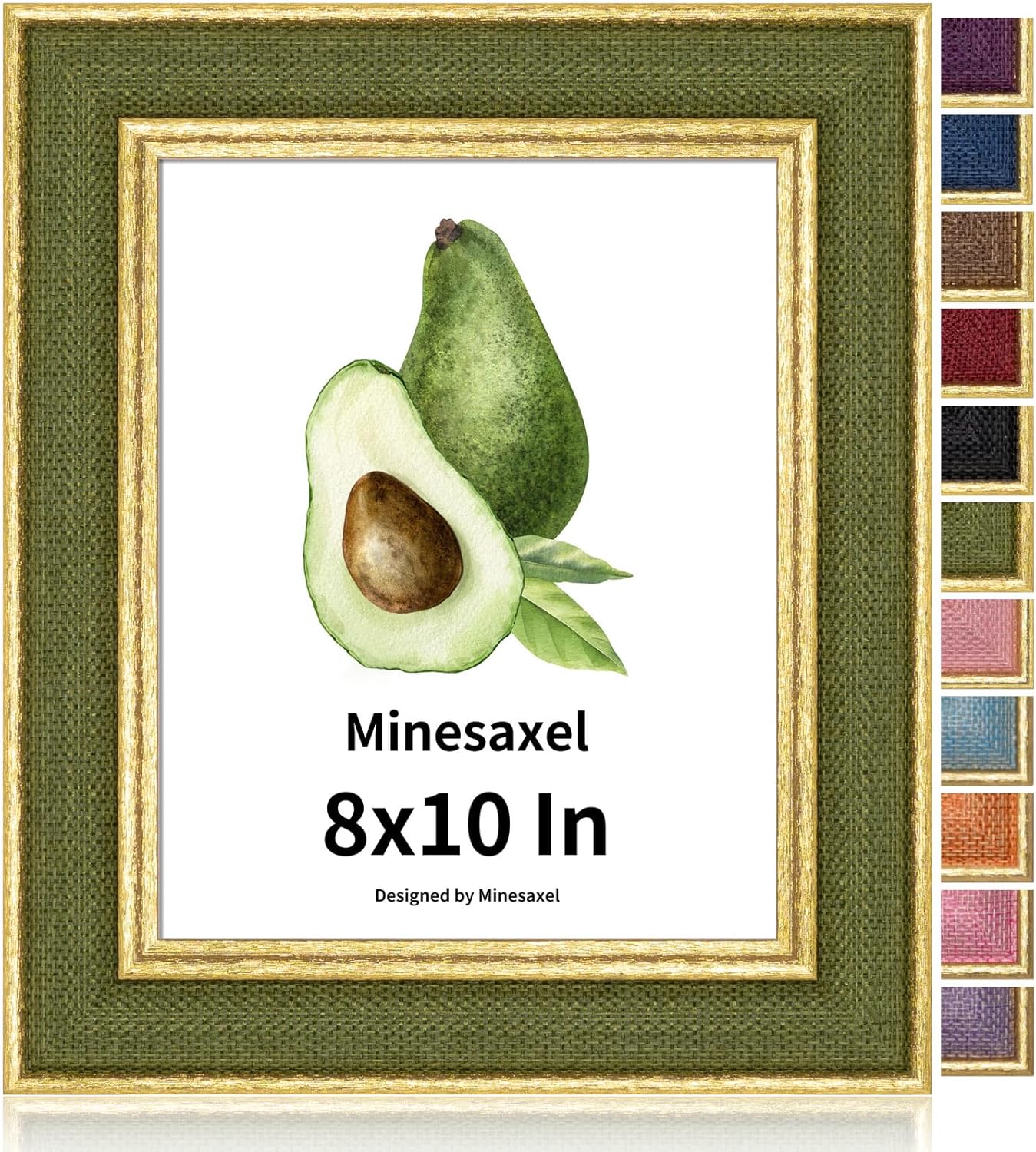8x10 Picture Frame - Green Fabric & Vintage Gold Border HD Real Glass with Easel for Tabletop/Wall (Family Photos, Cabin Decor 1 Pack)