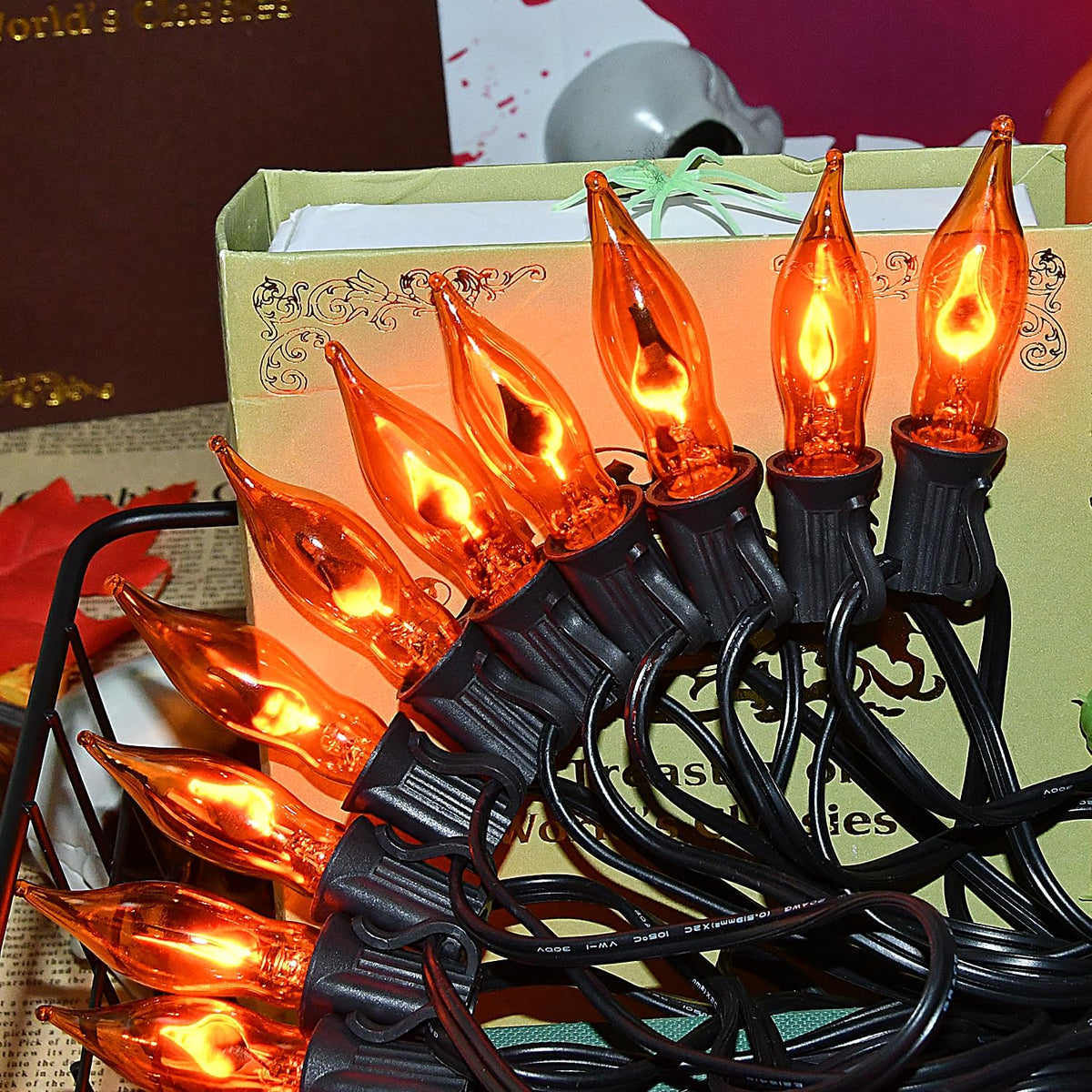 27.8Ft Orange Halloween Lights - Flickering Flame String Lights Orange Flicke...