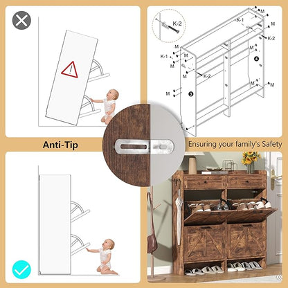 Shoe Cabinet with 4 Flip Drawers & 2 Storage Drawers, Rustic Farmhouse Narrow - Image 7