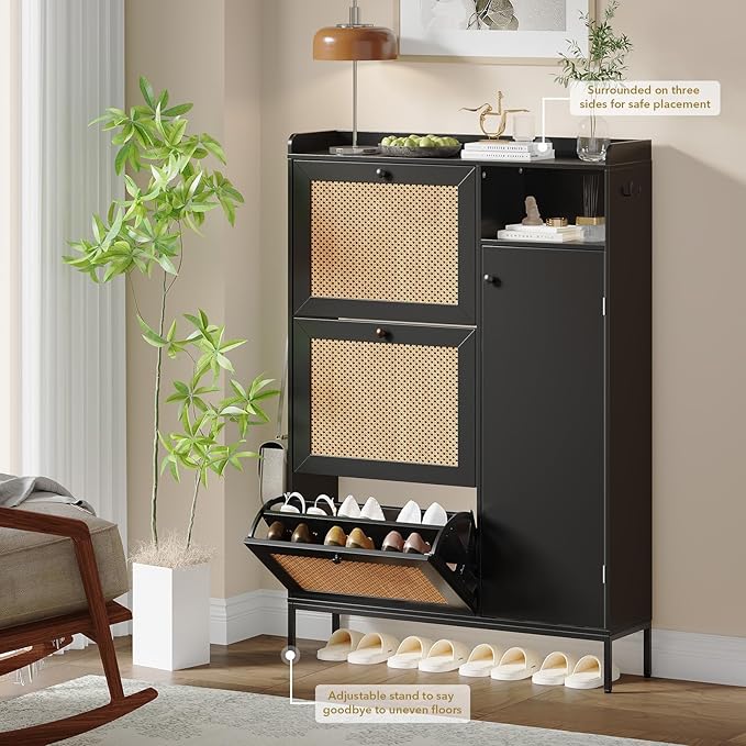 Rattan Wooden Shoe Cabinet, Freestanding 3-Flip Drawer Shoe Storage Organizer - Image 3
