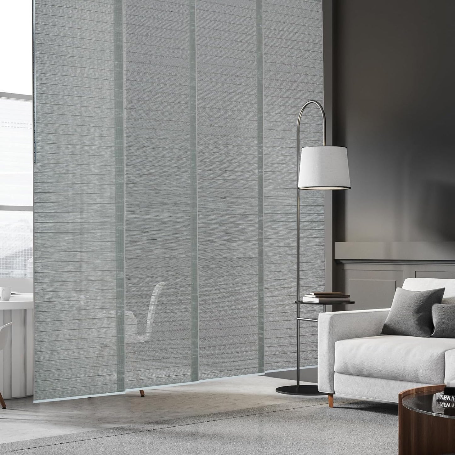 Sliding Panel Blinds for Sliding Glass Door, Sage Gray | Light Filtering Shade, Adjustable Single-Track, 46-85.5" W x 96" H, Cordless & Trimmable, Reinforced Edge