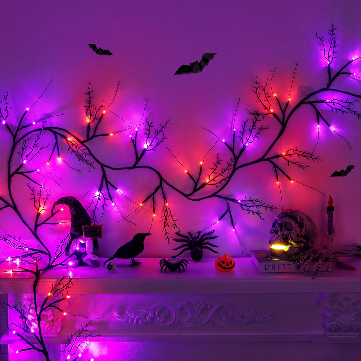 9FT 72 LED Willow Vine Twig Decorations Black Halloween Garland with Orange &...
