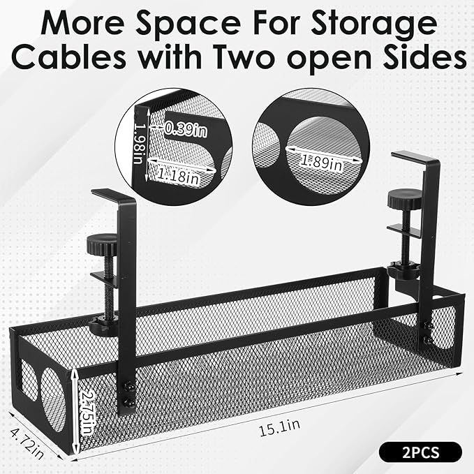 2 Pack Under Desk Cable Management Tray, 15 Inch No Drill Metal Mesh Organizer - Image 2