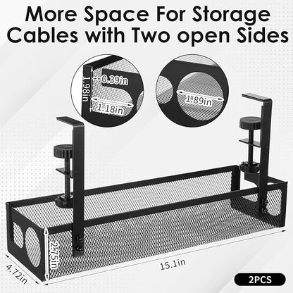 2 Pack Under Desk Cable Management Tray, 15 Inch No Drill Metal Mesh Organizer - Image 2