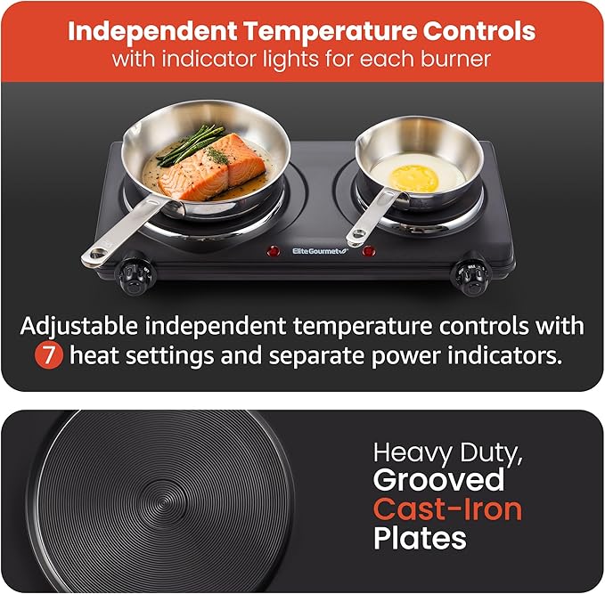 Elite Gourmet EDB-302BF# Countertop Double Cast Iron Burner, 1500 Watts - Image 4