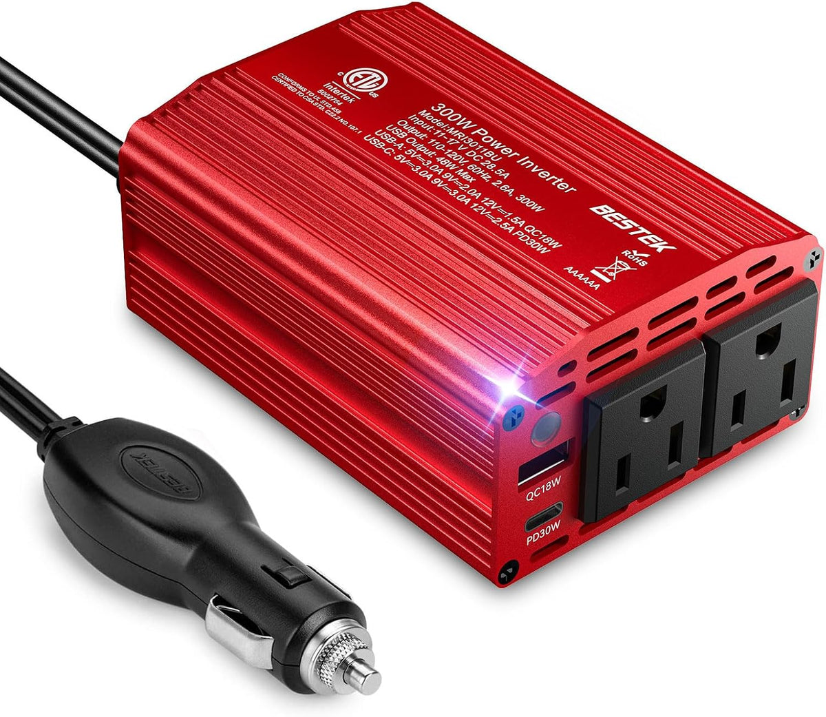 BESTEK Power Inverter DC 12-17V to AC 110V - 300W Car Plug Adapter Outlet
