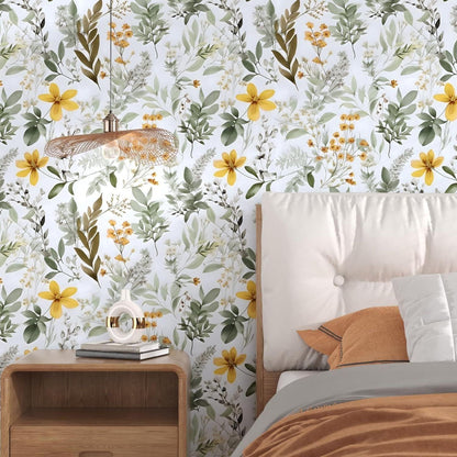 Vintage Green Yellow Wild Floral Botanical Wallpaper 17.5"x393" | Self Adhesive/Removable/Waterproof/Thick Vinyl Contact Paper for Bathroom Bedroom Shelf Cabinet Drawer,Prepasted,Easy Peel
