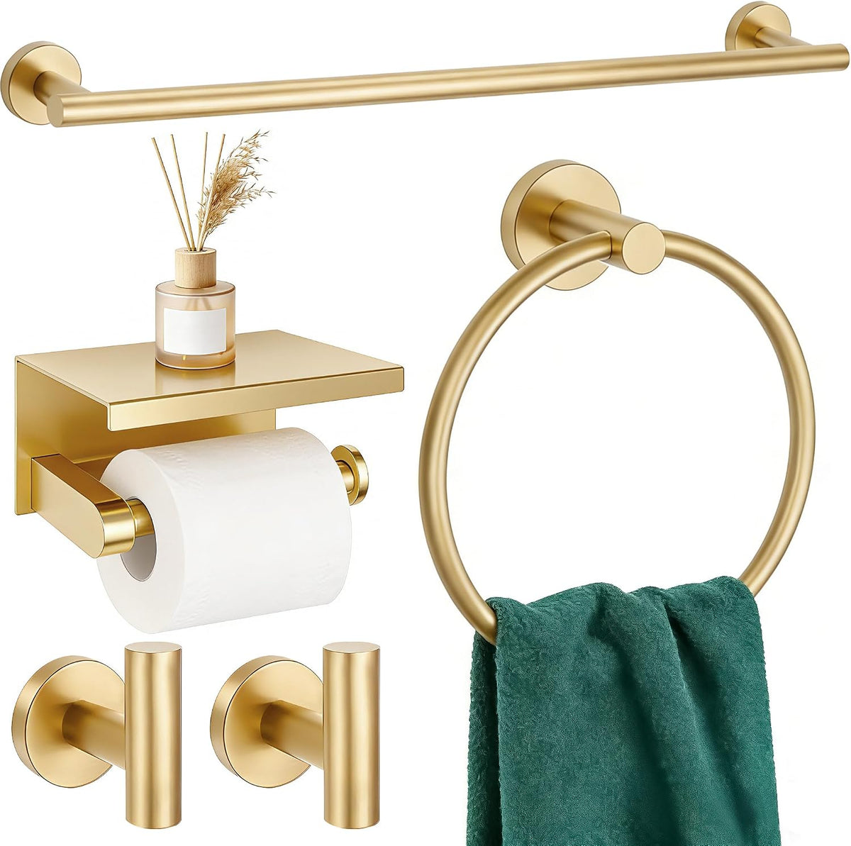 5 pieces bathroom hardware accessories set brushed gold, main product view