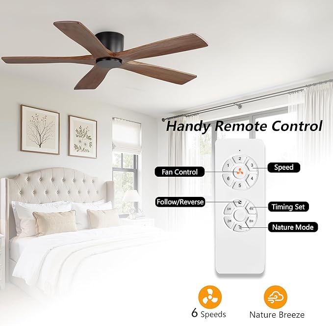 WINGBO 48" Flush Mount DC Ceiling Fans without Lights, 5 Carved Solid Wood - Image 7