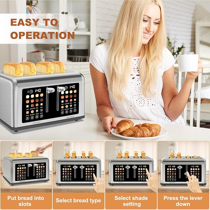 4 Slice Toaster Touch Screen, Stainless Steel Toasters Digital Timer, Dual - Image 7
