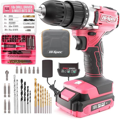 Hi-Spec Pink Cordless Drill Set, 18V Electric Drill by Hi-SpecToolsUSA