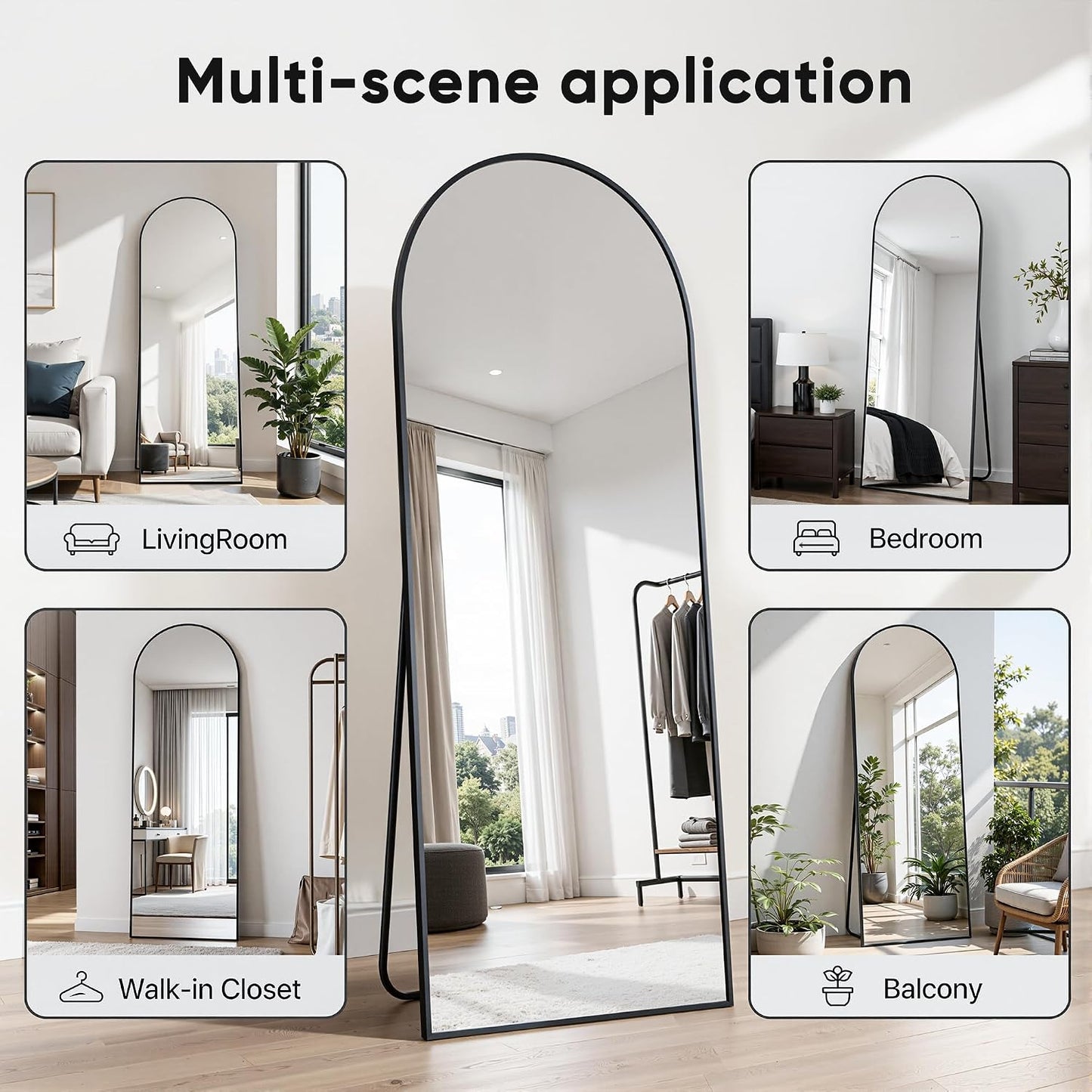 Full Length Mirror, 83"x44" Floor Mirror Freestanding, Oversized Floor Standing Full Body Mirror with Stand for Bedroom, Hanging Mounted for Living Room Cloakroom, Black, Arched
