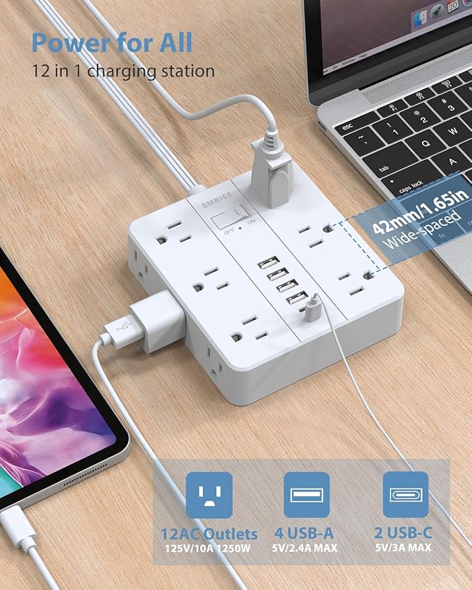 Power Strip Surge Protector 10ft Extension Cord, SMNICE Flat Plug - Image 3