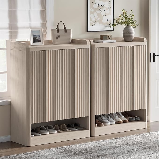 Fluted Shoe Cabinet, 25 Pair Shoe Storage Organizer Cabinet, Mid-Century Wooden - Image 2