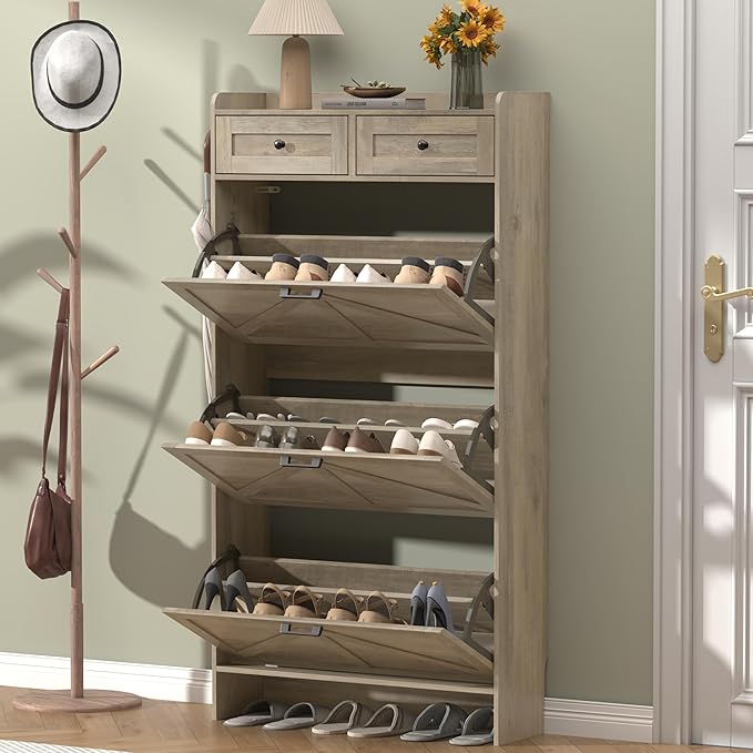 Shoe Cabinet with 3 Flip Drawers & 2 Storage Drawers, Rustic Farmhouse Narrow - Image 3
