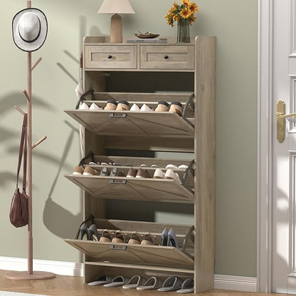 Shoe Cabinet with 3 Flip Drawers & 2 Storage Drawers, Rustic Farmhouse Narrow - Image 3