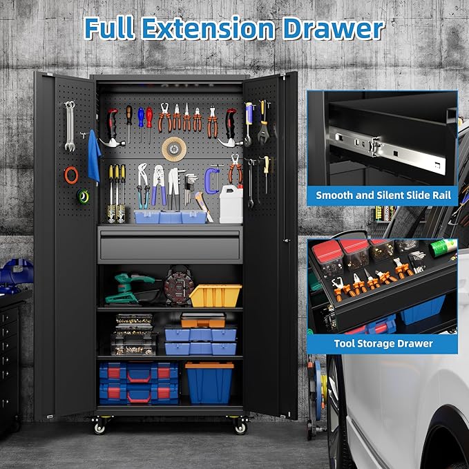 Garage Storage Cabinet with Wheels and Doors, Lockable Metal Storage Cabinet - Image 6