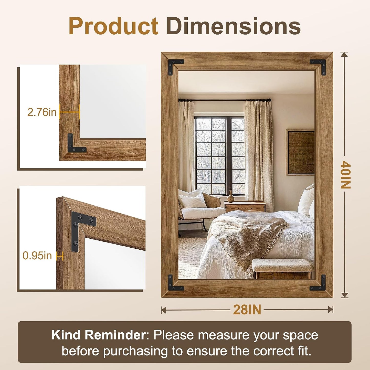 AMOISE Farmhouse Bathroom Vanity Mirror 40"x28" Vintage Rustic Wall Mirror | Wood Frame, Over Sink Mirror for Bathroom, Entryway, Bedroom, Living Room, Vertical or Horizontal Hanging