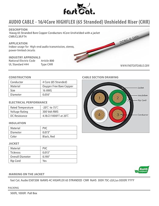fast Cat. Speaker Wire 16 Guage 4C, UL Listed & CMR/CL3R-FT4 Rated - Image 2