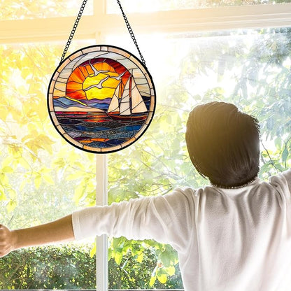 DASTOLL Stained Glass Window Hanging, Sun Ocean Sailboat Seagull Abstract - Image 3