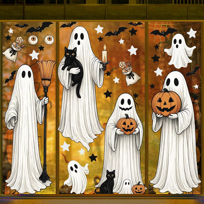 AhfuLife Large Halloween Ghost Window Clings Decorations, 12.6 x 35.4 inc, 4 Sheets Big Spooky Ghost Window Stickers Double Side Reusable Decals for Halloween Home Party Indoor Decorations