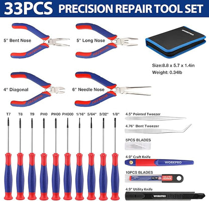 WORKPRO 33PCS Precision Repair Tool Set Includes Pliers Set, Screwdrivers Set - Image 2