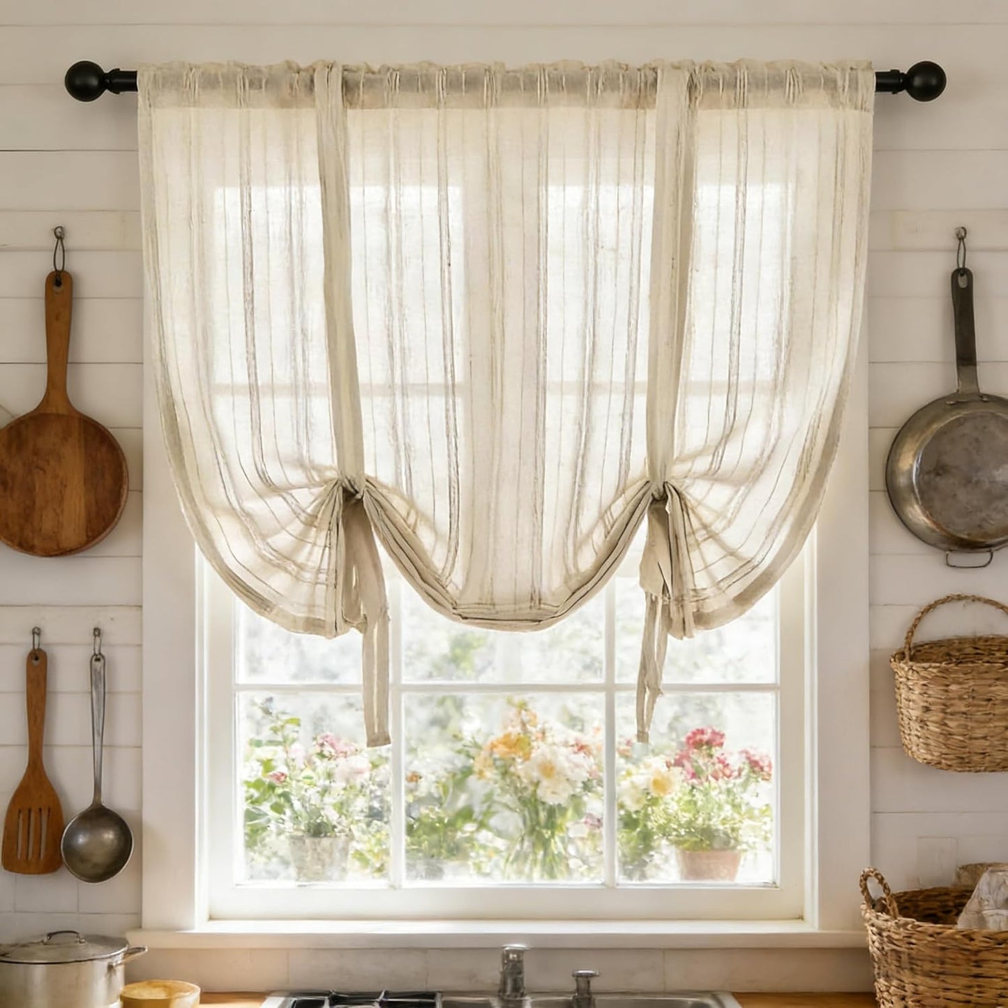 Gxi Beige Striped Sheer Curtain Tie Up Balloon Curtain for Kitchen Bathroom | Rod Pocket Farmhouse Linen Voile Valance for Living Room Small Window 1 Panel Width 39 x 47 inches Length