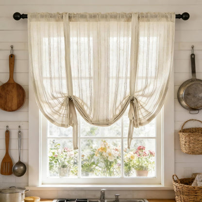 Gxi Beige Striped Sheer Curtain Tie Up Balloon Curtain for Kitchen Bathroom | Rod Pocket Farmhouse Linen Voile Valance for Living Room Small Window 1 Panel Width 39 x 47 inches Length
