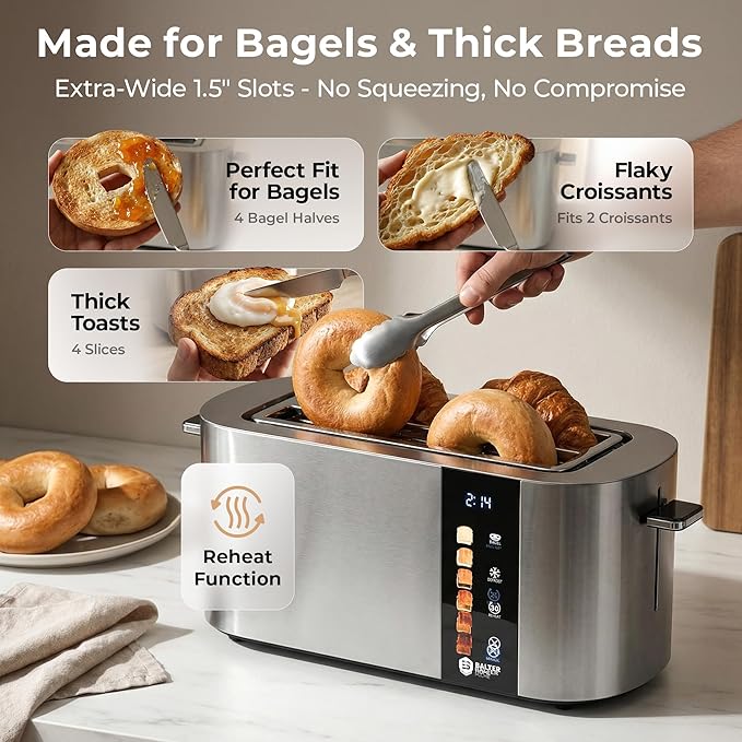 Toaster 4 Slice Wide Slot, Bagel Function, Long Slot, Stainless Steel, Touch - Image 3