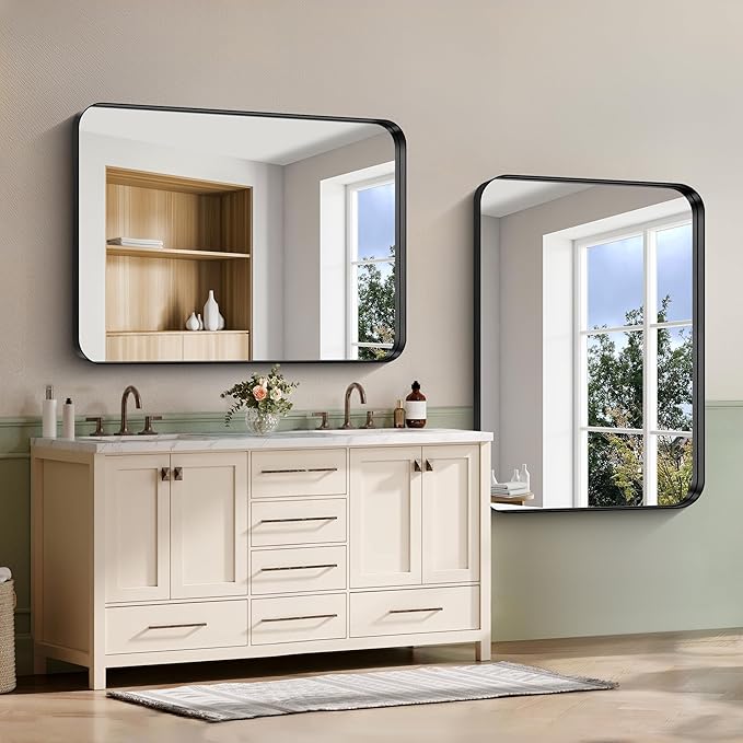 CIRCUMI Black Bathroom Mirror, Rounded Corner, Tempered Glass, Large Mirror - Image 2