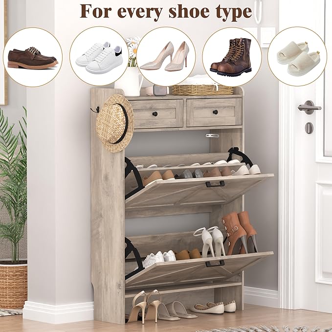 Shoe Cabinet with 2 Flip Drawers & 2 Storage Drawers, Rustic Farmhouse Narrow - Image 8