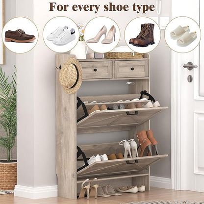 Shoe Cabinet with 2 Flip Drawers & 2 Storage Drawers, Rustic Farmhouse Narrow - Image 8