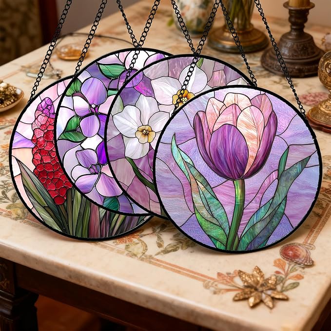 DASTOLL Stained Glass Window Hanging 4 Pcs Set Purple Flower Theme Large 11.8" - Image 2