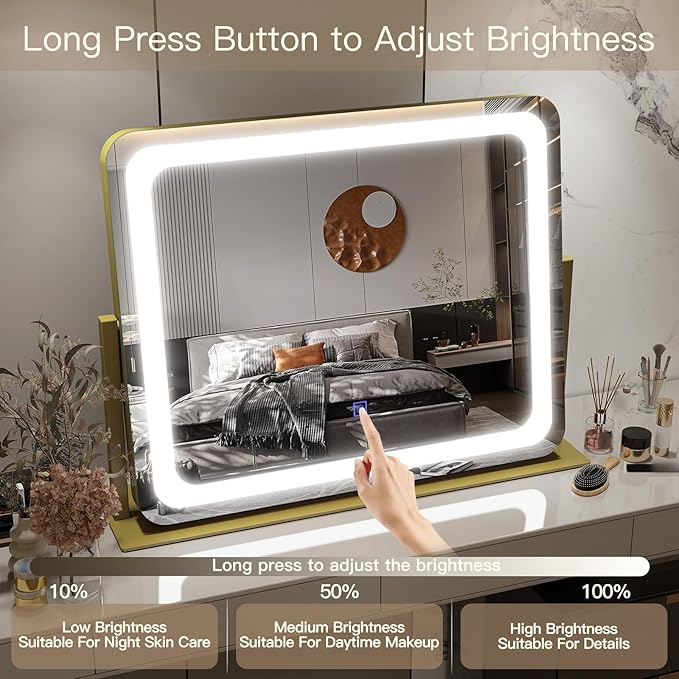 FENNIO Gold Vanity Mirror with Lights 22"x19", LED Lighted Makeup Mirror - Image 4