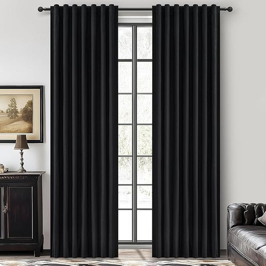 Black Blackout Curtains 92 Inches Long 2 Panel Set, Sun Blocking Curtain by QJMYDECO