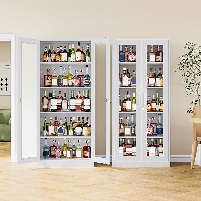 Metal Storage Cabinet with Lock and Glass Doors, Locking Curio Cabinets with 5 - Image 2