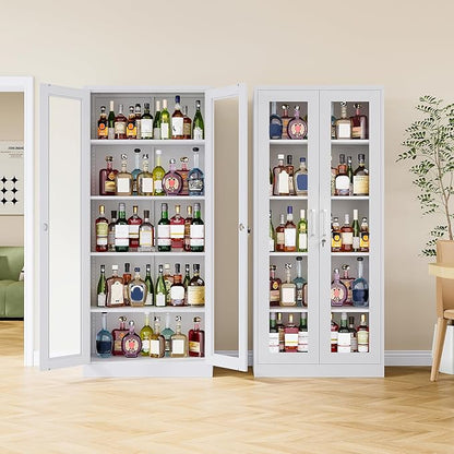 Metal Storage Cabinet with Lock and Glass Doors, Locking Curio Cabinets with 5 - Image 2