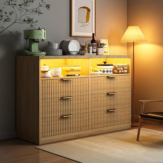 Coffee Bar Cabinet with Charging Station and Lighting, Natural Oak by GlouModFurniture