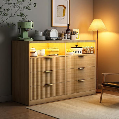 Coffee Bar Cabinet with Charging Station and Lighting, Natural Oak by GlouModFurniture