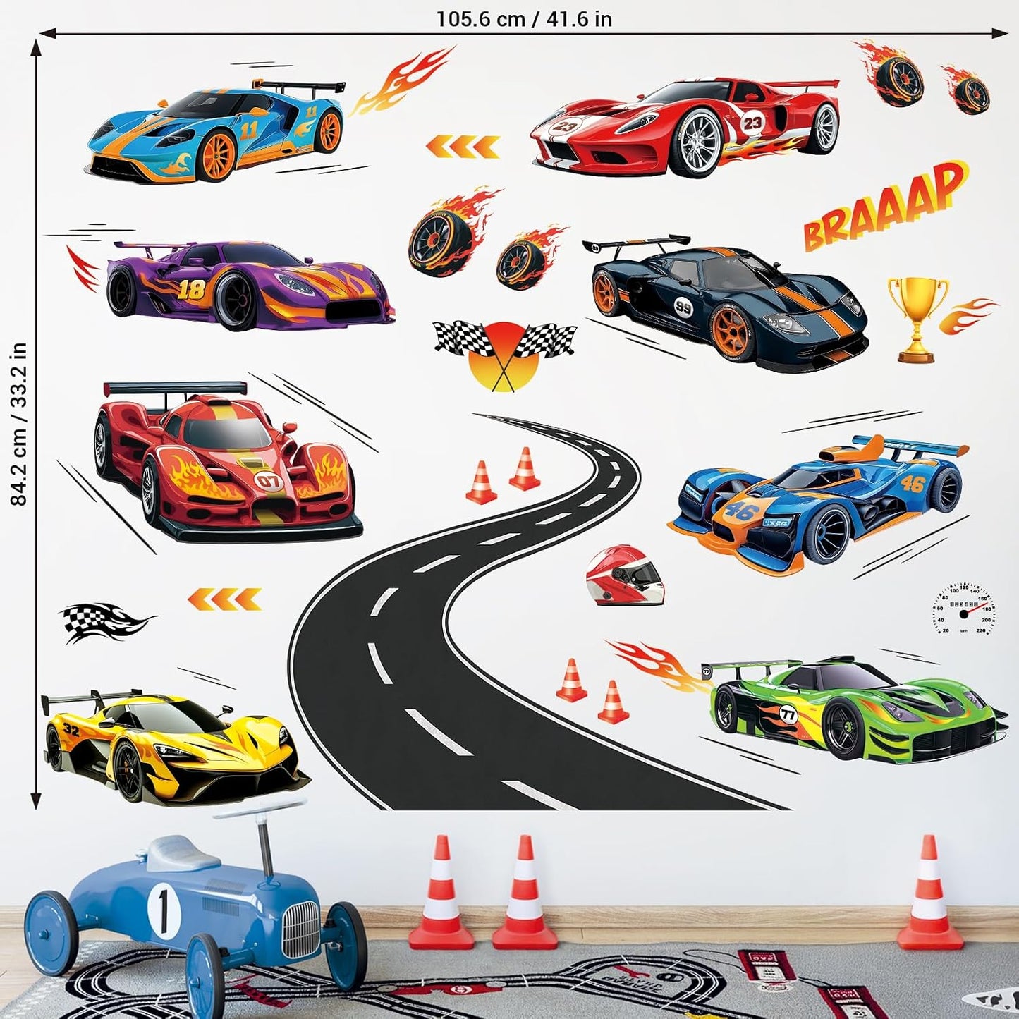 DECOWALL Race Cars & Track Wall Decals Stickers for Kids Bedroom (SG2-2517) | Peel and stick removable Grand Prix decor with sports vehicles, flags, trophy, flames and road for playroom and nursery space