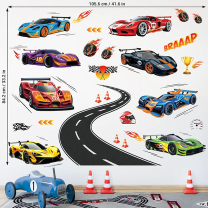 DECOWALL Race Cars & Track Wall Decals Stickers for Kids Bedroom (SG2-2517) | Peel and stick removable Grand Prix decor with sports vehicles, flags, trophy, flames and road for playroom and nursery space